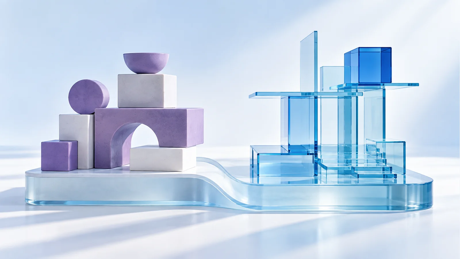 Violette Module und ein blaues Gerüst zeigen zwei Wege zur KI-Entwicklung.