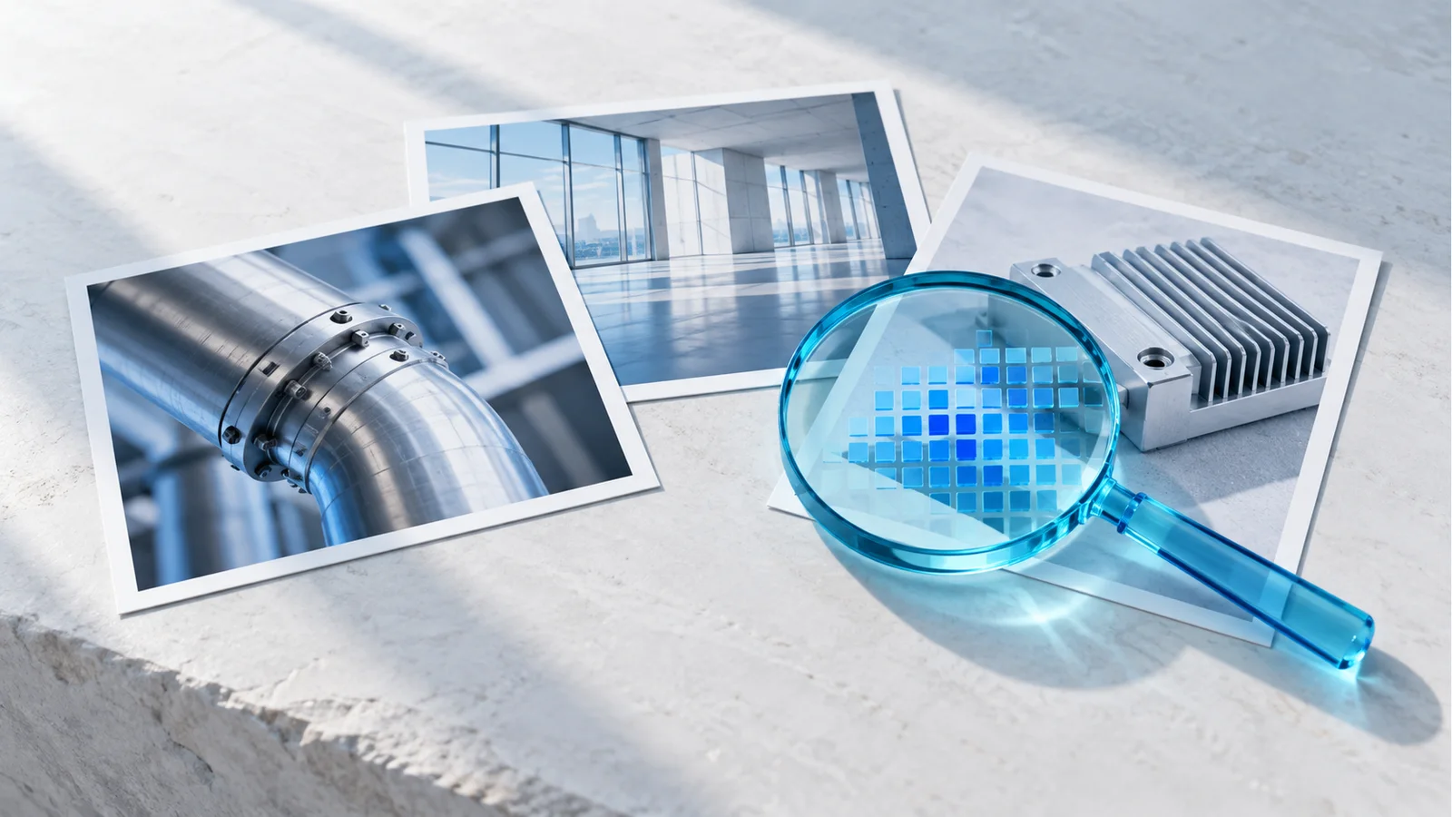 Fotografien und eine blaue Linse als Symbol für Informationen aus Bildern.